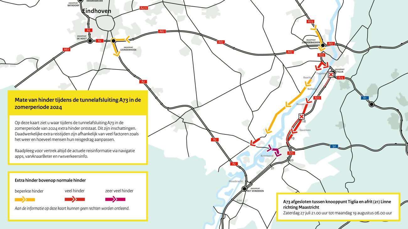 De omleidingsroute van de afsluiting van de A73-tunnels in zuidelijke richting.