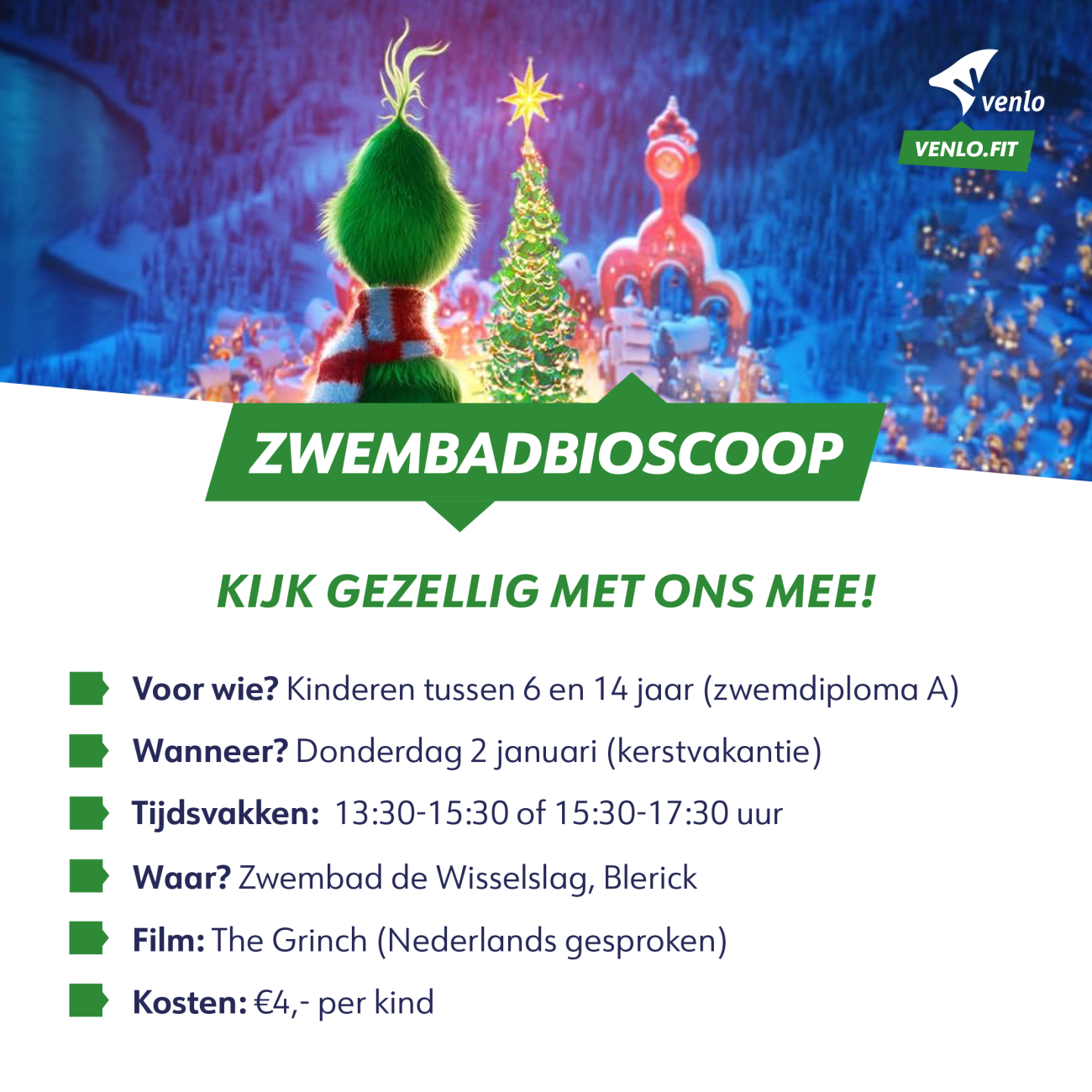 Filmposter van the Grinch, waarbij the Grinch uitkijkt over een kerstdorp.