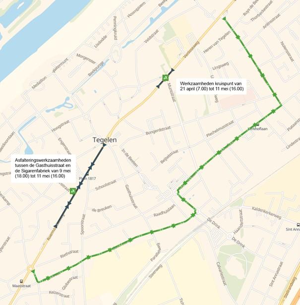 Omleidingsroute werkzaamheden kruispunt Grotestraat/Venloseweg Tegelen