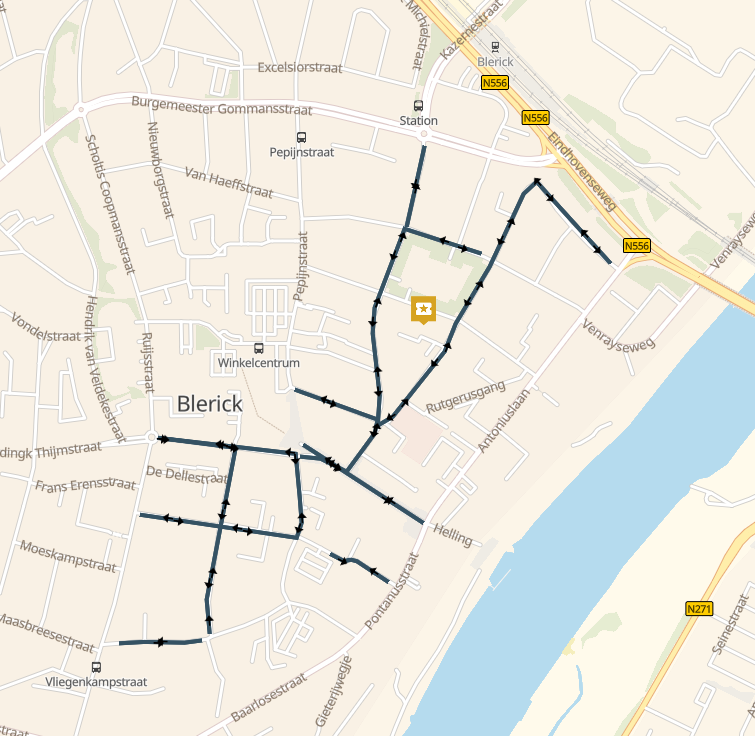 Kaart van de wegafsluitingen tijdens de Koningsmarkt in Blerick. 