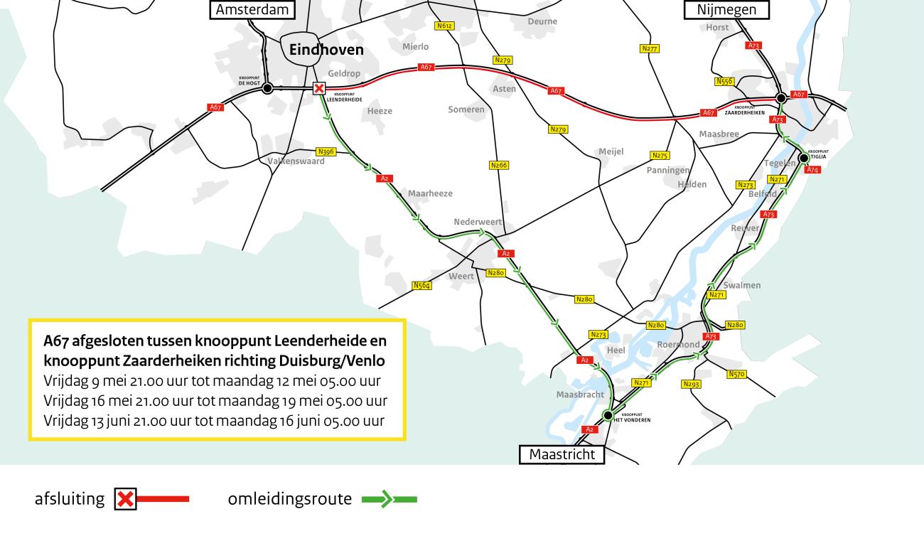 Omleidingsroute weekendafsluitingen A67 