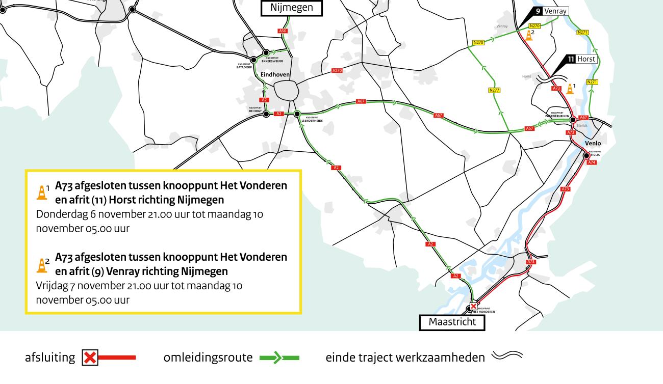 Kaart van omleidingsroutes voor de afsluiting van de A73