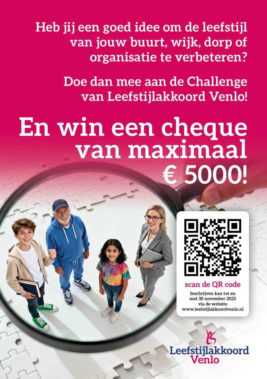 poster over de challenge van het leefstijlakkoord met tekst 'win een cheque van maximaal 5000 euro'