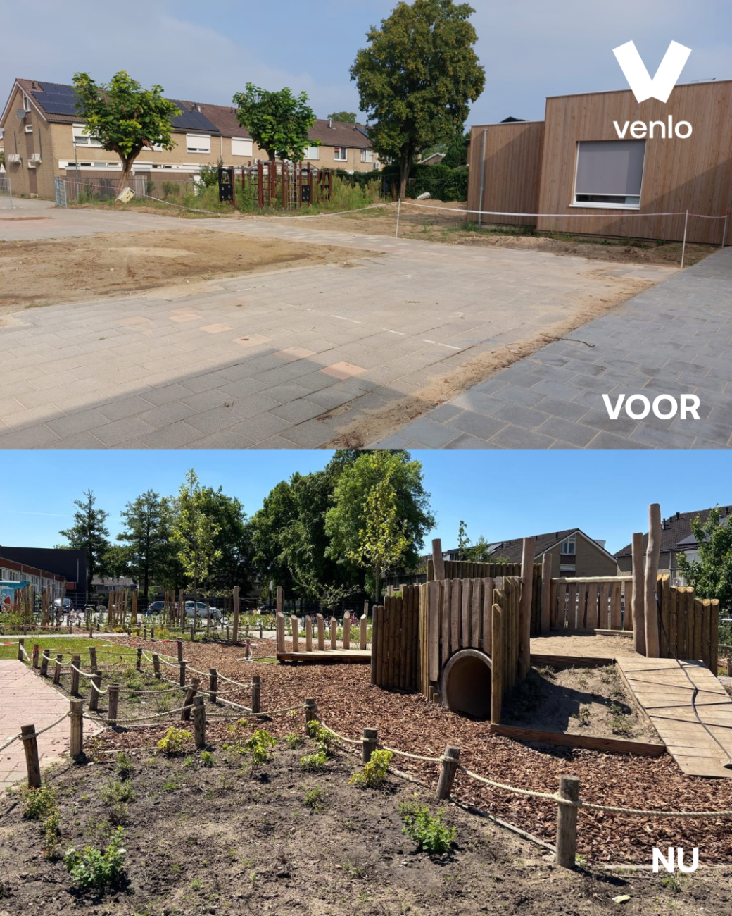 voor en na van het schoolplein waar voor veel tegels te zien zijn en na voornamelijk groen