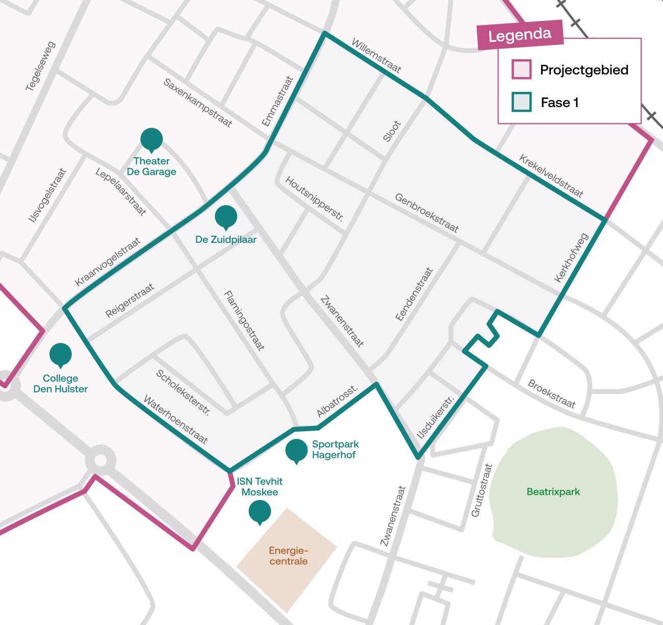 Plattegrond van fase 1 projectgebied warmtenet Venlo-Zuid