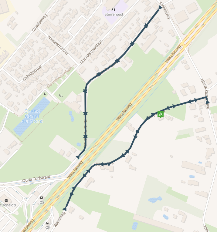 Rayerweg en Oude Turfstraat afgesloten gedeelte in kaart