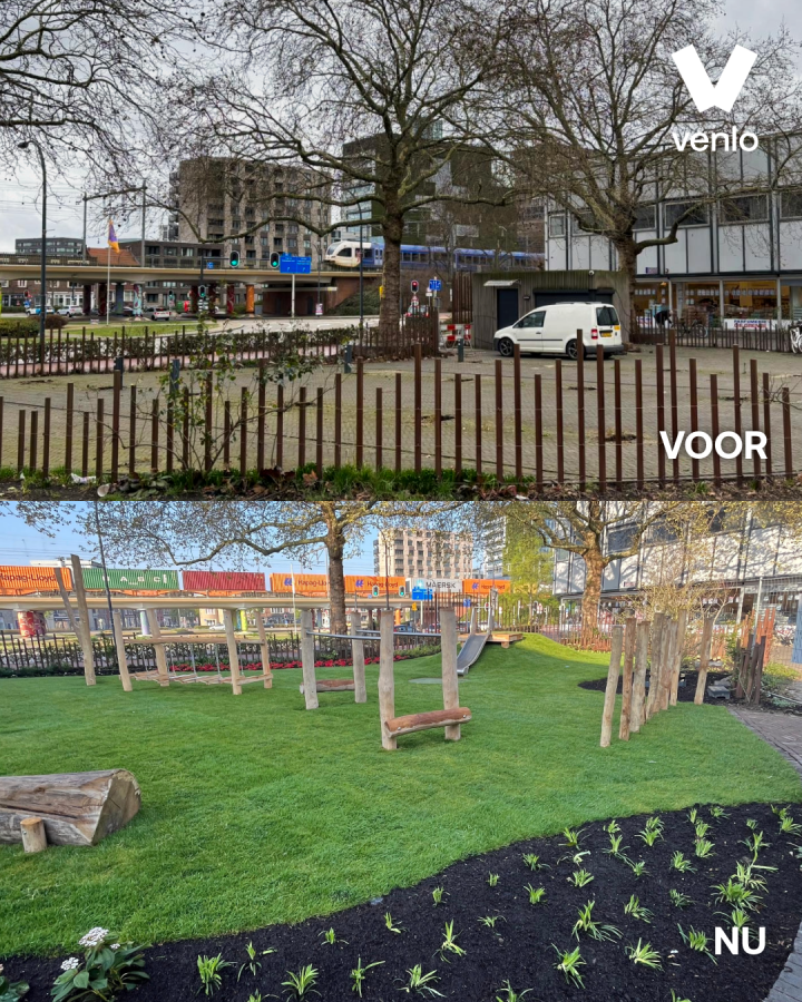 Voor en na foto van de groene speelplek op het Flujasplein