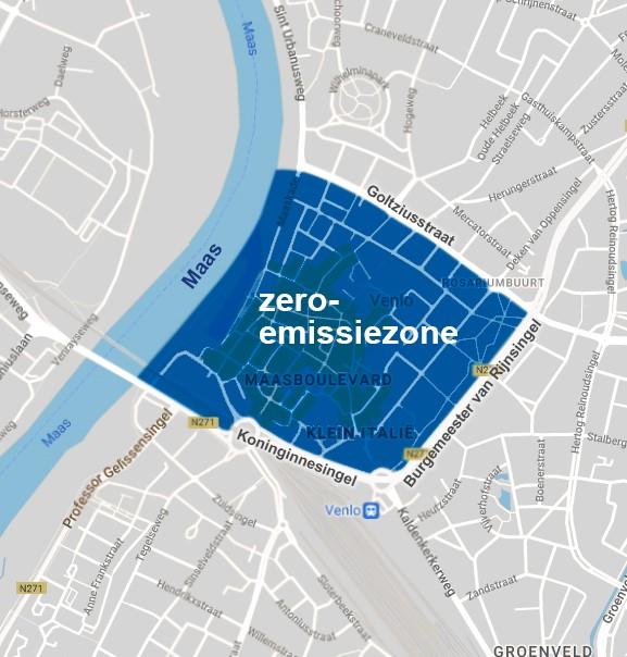 Kaartje met de locatie van de zero-emissiezone in Venlo
