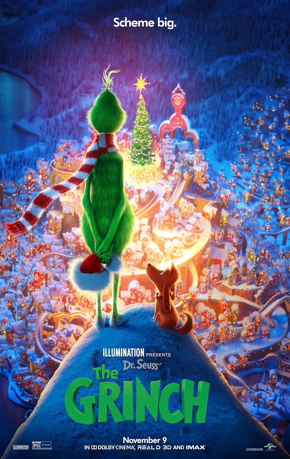 Filmposter van the Grinch, waarbij the Grinch uitkijkt over een kerstdorp.