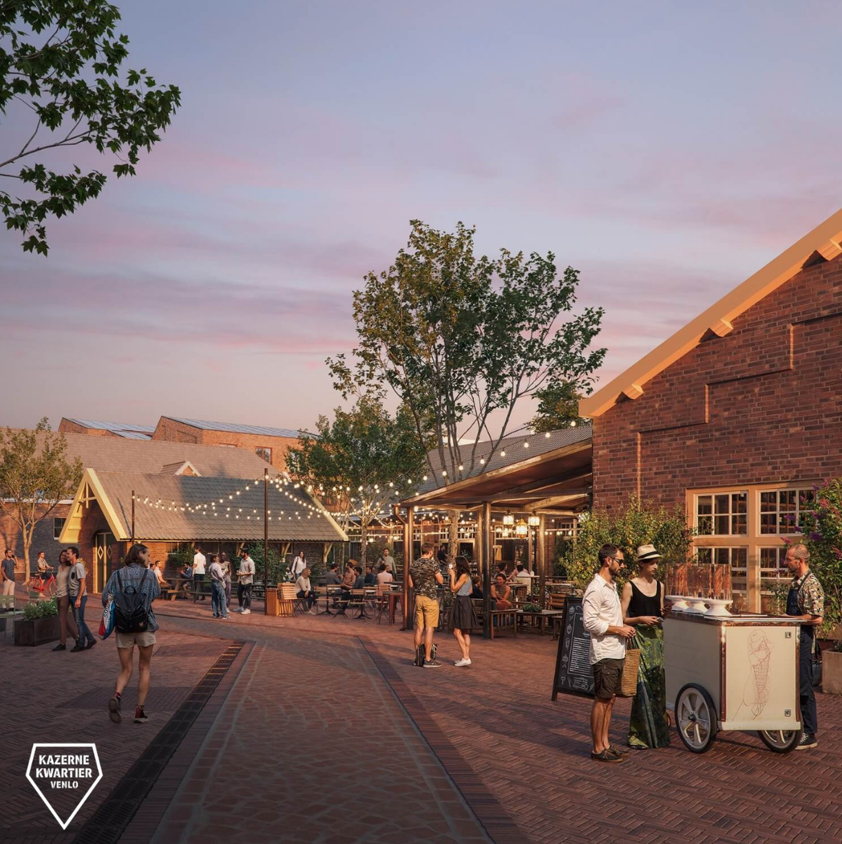 Een artist impression van het Kazernekwartier in Blerick met mensen die op straat met elkaar in gesprek zijn.
