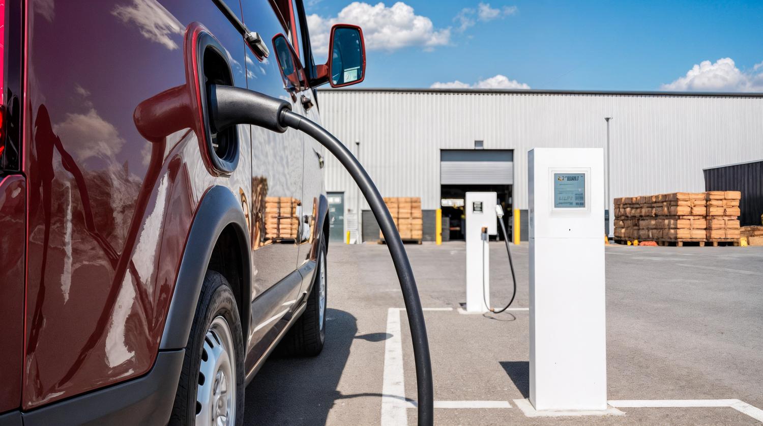 Elektrische bestelauto aan oplaadpaal op bedrijventerrein