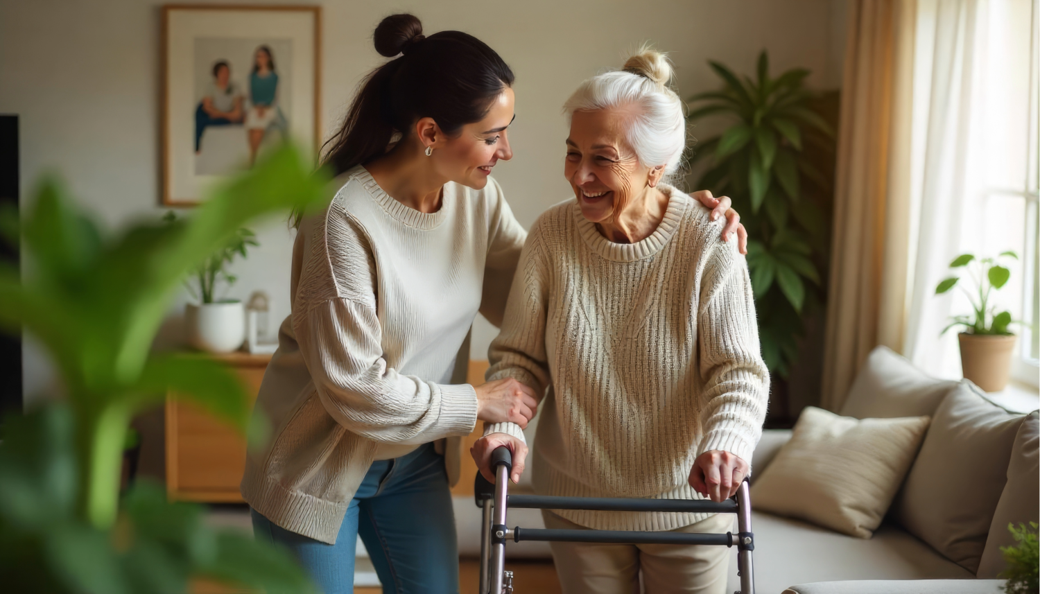Dochter helpt moeder lopen achter de rollator 