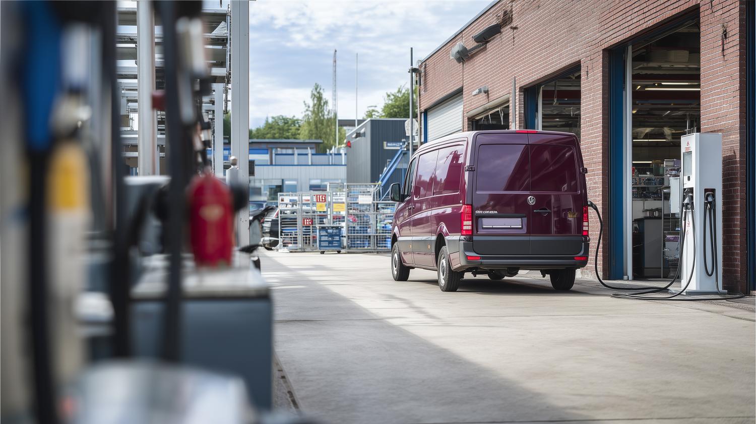 Elektrische bestelauto aan oplaadpaal op bedrijventerrein