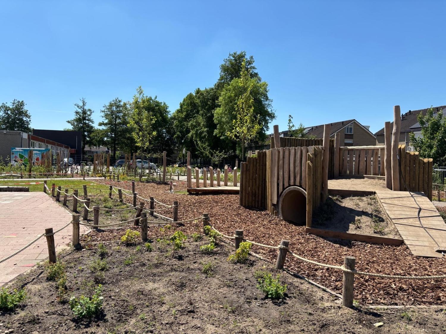een groenblauw schoolplein met veel planten en een speeltoestel