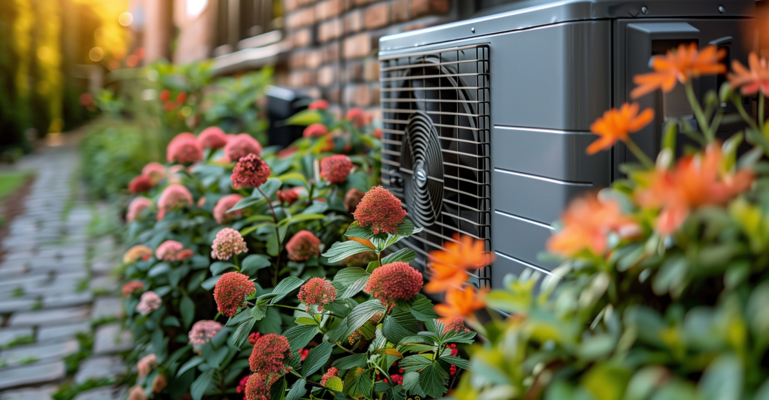 een warmtepomp met bloemen er om heen