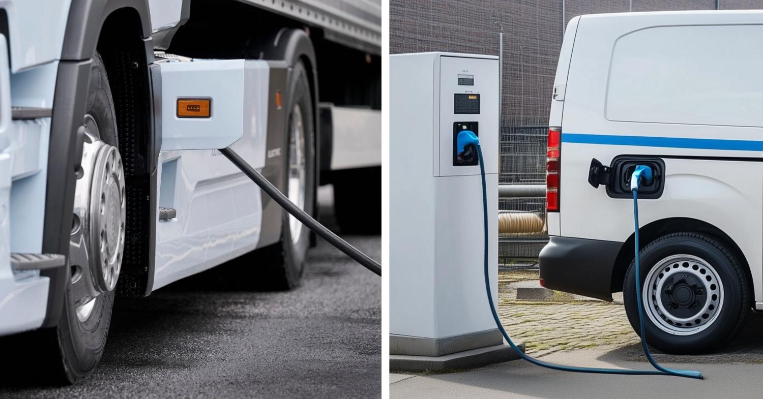 Een vrachtwagen en een bestelbus aan een laadpaal