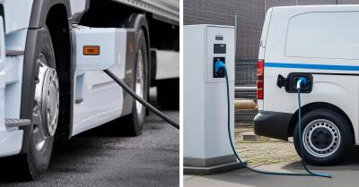 Een vrachtwagen en een bestelbus aan een laadpaal